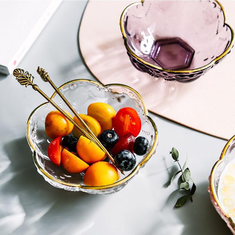 Suministro directo de fábrica creativo estilo japonés borde dorado tazón de vidrio golondrinas tazón de plata tazón de oído tazón de ensalada de helado tazón de postre de corazón de melocotón