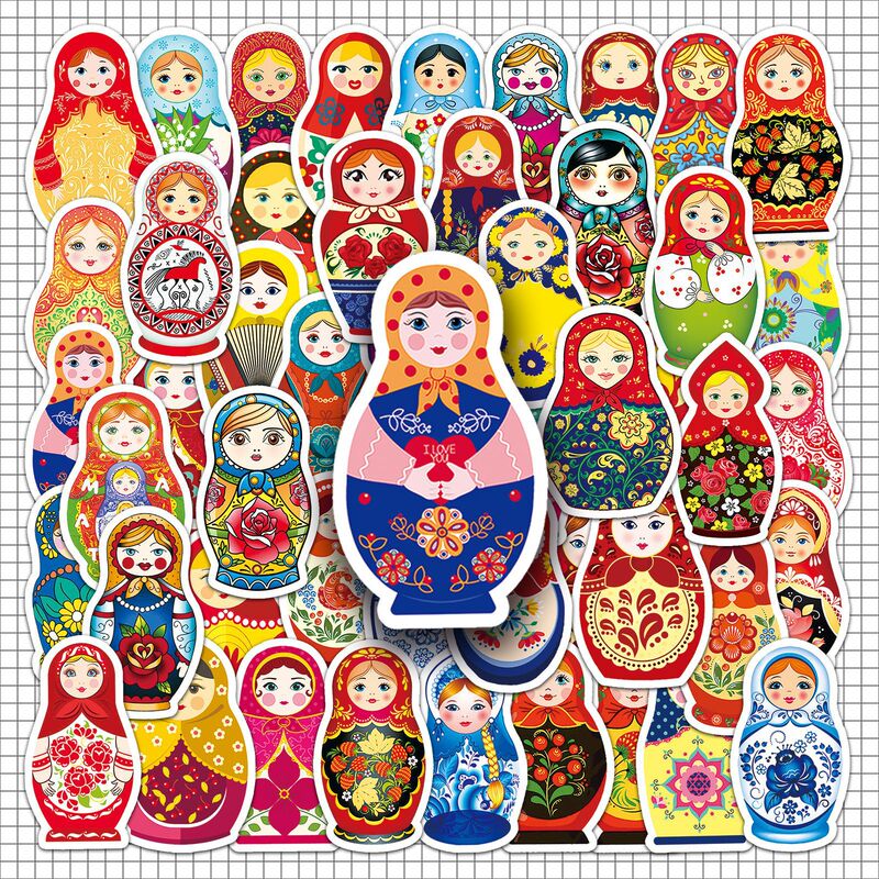 50Pcs Russian Matryoshka Stickers Cartoon Doll Matryoshka Cute Waterproof Decorative Stationery Stickers Wholesale