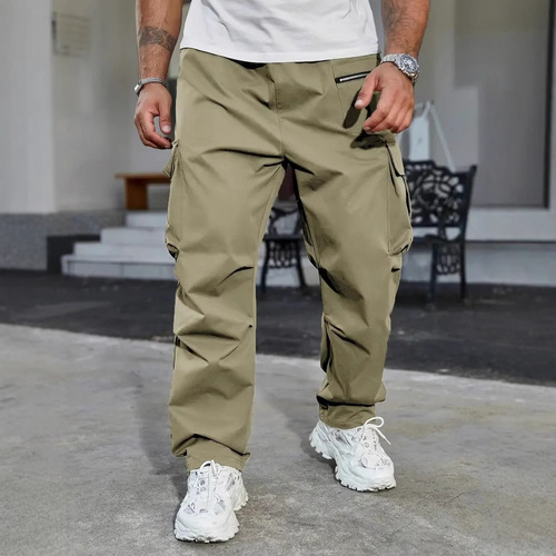 2025 Cross-border New Men's Outdoor Workwear Pants Loose Sports Casual Multi-Pocket Functional Elastic Cord Zipper