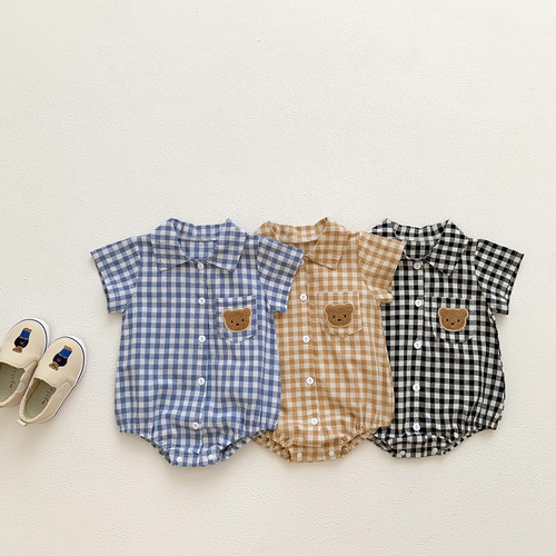  Baby Summer Outfit for Girls, British Style, Padded Bodysuit, Thin Short-Sleeve Plaid Triangular Onesie, Crawling Suit for Children