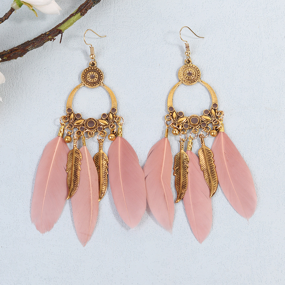 Holiday, Daily Occasion Alloy Material 1 Pair Retro Simple Style Tassel Plating Alloy Feather Drop Earrings