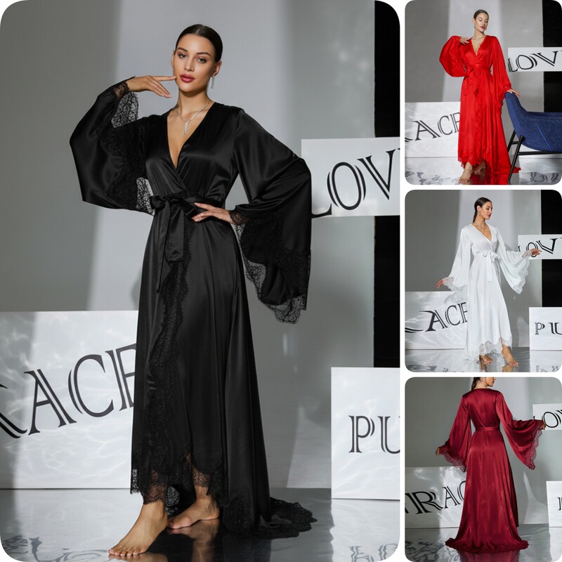 French Sexy Lace-Trimmed Large Bell-Sleeved Nightgown, Long Satin Lace-Up Bathrobe, Black and White Women's Home Wear 941 French Sexy Lace-Trimmed Large Bell-Sleeved Nightgown, Long Satin Lace-Up Bathrobe, Black and White Women's Home Wear 941