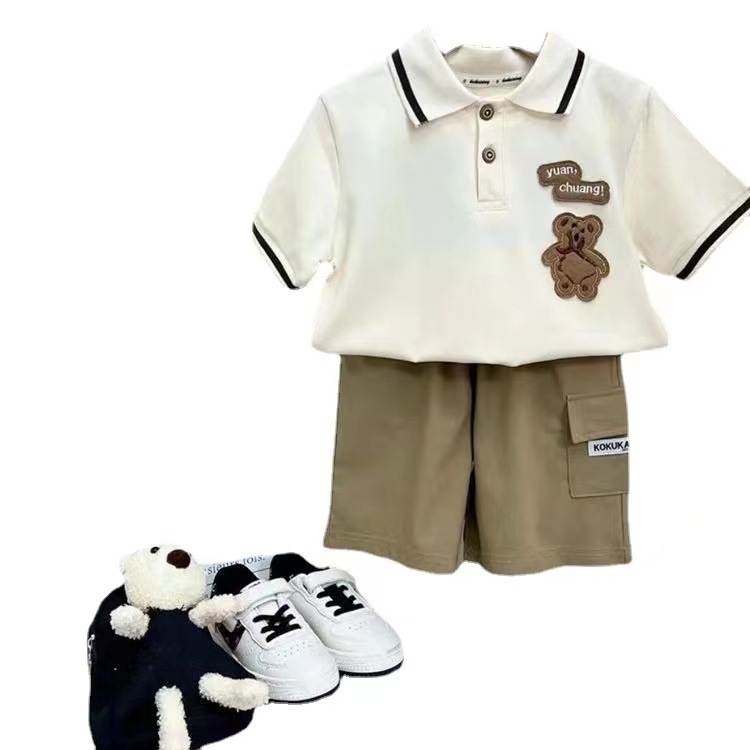 Little bear embroidered parent-child outfit summer family of threeorfour mother-child dress baby creeper Polo Polo short sleeve