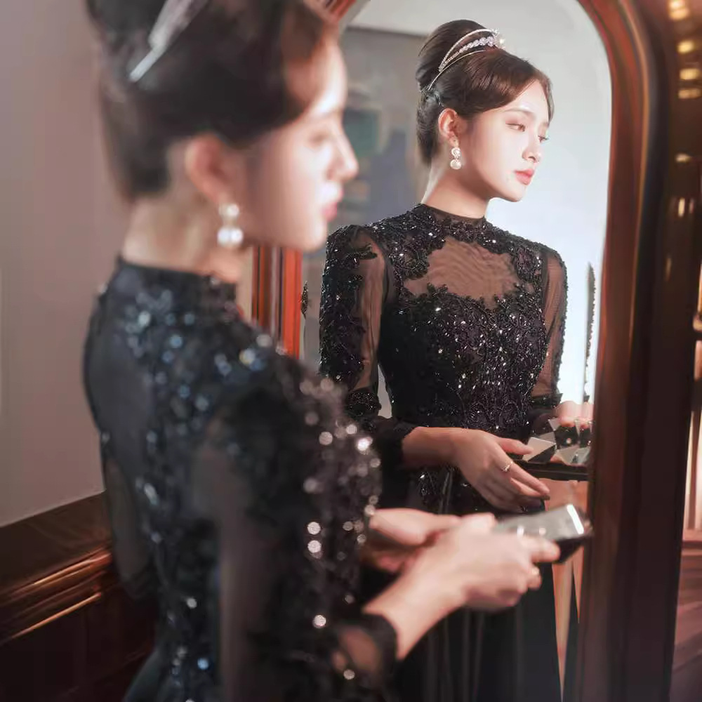 Black Evening Dress for Women 2024 New Style Light Luxury Niche Heavy Craftsmanship Long-Sleeved Socialite Host Dress