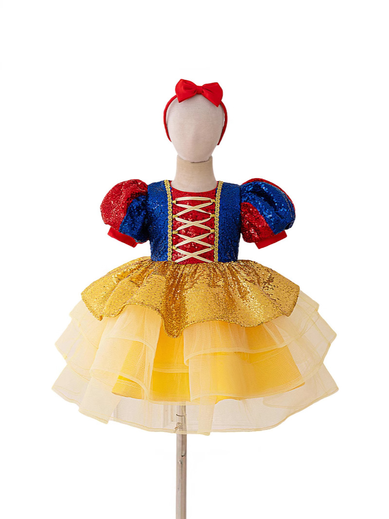 2025 nueva chica con lentejuelas vestido de Blancanieves manga abullonada vestido de niños vestido de princesa vestido de tutú