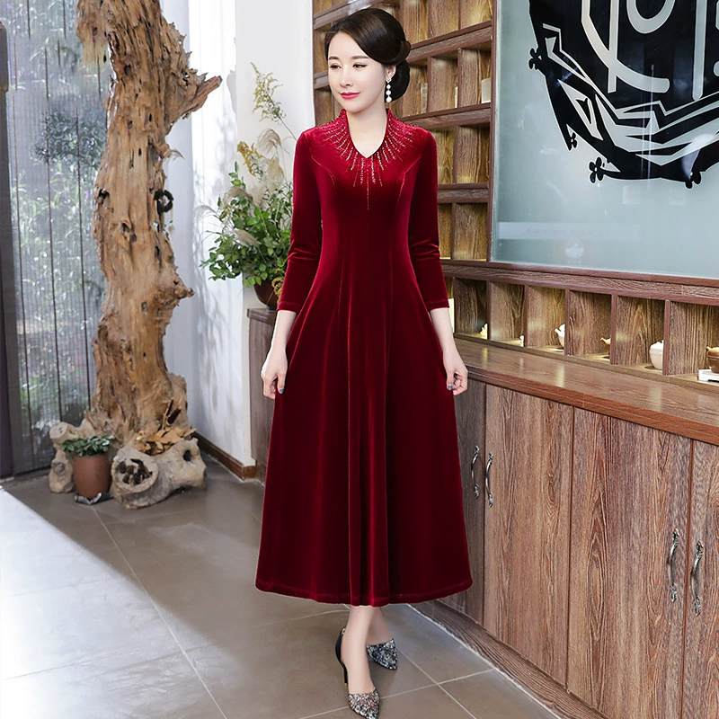 Платье для тоста свекрови, свадебное платье Cheongsam, золотое бархатное платье с круглым вырезом, весенне-летнее длинное платье выше колена с высокой талией для мамы