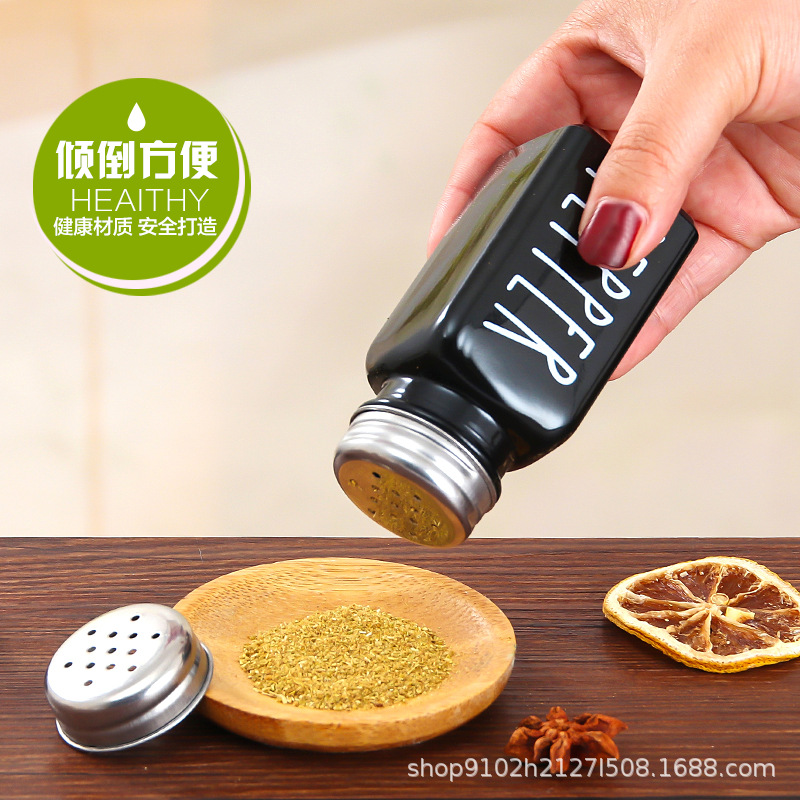 Amazon traje blanco y negro rosa azul cuadrado condimento botella barbacoa pimienta cocina condimento botella sal MSG botella de vidrio