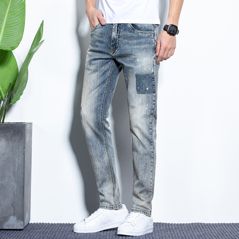 Pure Cotton Stretch Denim Pants Slim Small Straight Spring & Fall Regular Stretch Youth Mid-Waist Jeans Xintang Supply