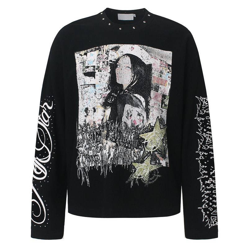 Asian-style rivet and star print long-sleeve T-shirt for men and women, dark niche high street waffle knit base top Asian-style rivet and star print long-sleeve T-shirt for men and women, dark niche high street waffle knit base top