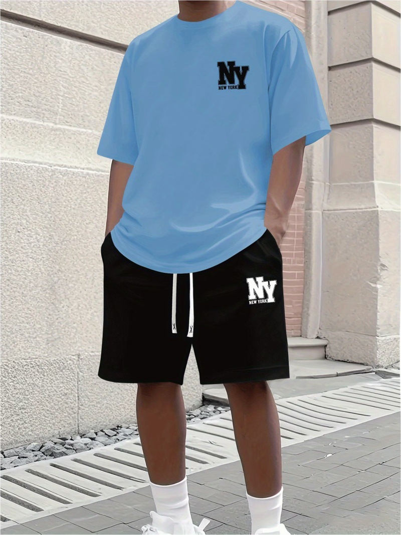 Men's Casual Summer T-Shirt & Shorts Set With NY Letter Print, Cotton Comfort Outfit_viptrois.com