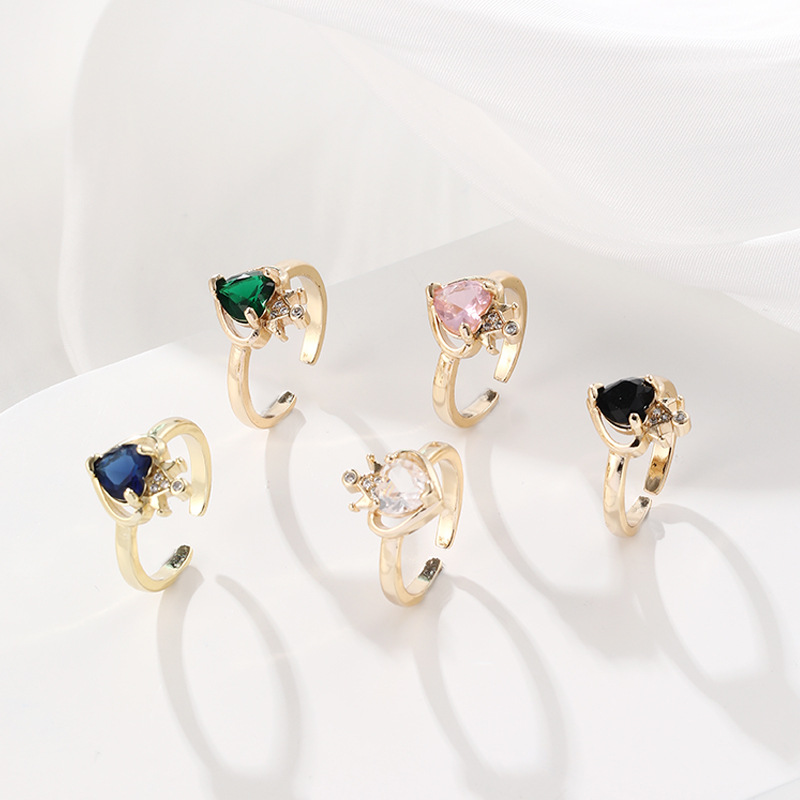 Adjustable Ring Size Fashion Heart Shape Copper Plating Zircon Open Ring