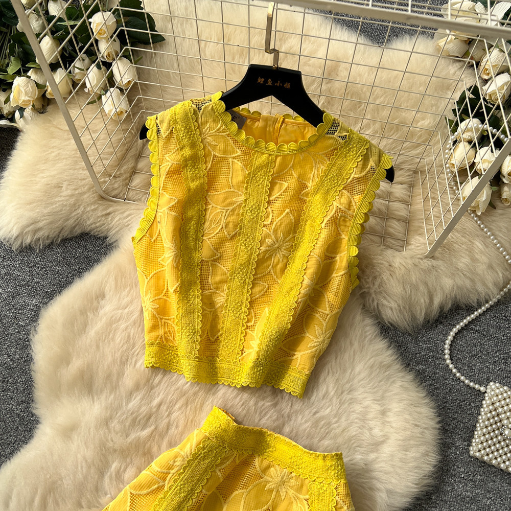 French Style Lace Openwork Two Piece Vest And Skirt Set Elegant_voghion.com