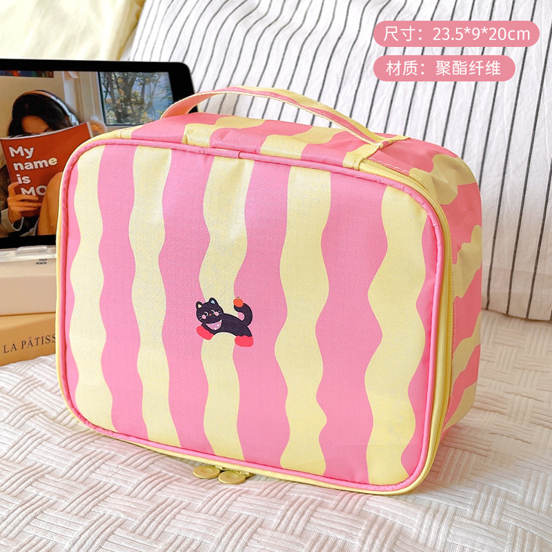 Bolsa de maquillaje portátil de gran capacidad, bolsa de almacenamiento clasificada, bolsa de viaje de macarón a rayas, bolsa portátil, bolsa de dolor para damas