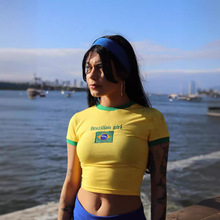 夏季短款美式辣妹露脐短袖T恤Y2K圆领套头衣服打底女装刺绣印花