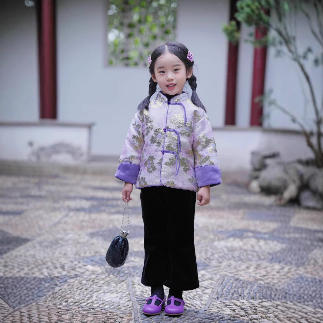 儿童棉衣冬季加厚改良唐装宝宝冬装保暖紫色外套女童对襟棉服套装