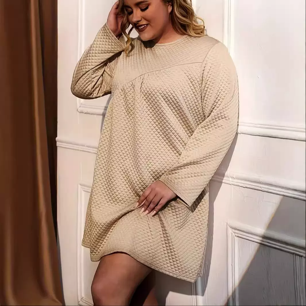 跨境电商亚马逊独立站夹棉菱形格长袖圆领中款纯色连衣裙气质优雅