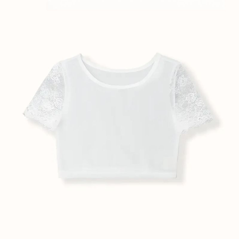Summer white short-sleeved t-shirt, half-length mesh base layer, women's suspender dress, inner layer of sheer transparent tight lace top