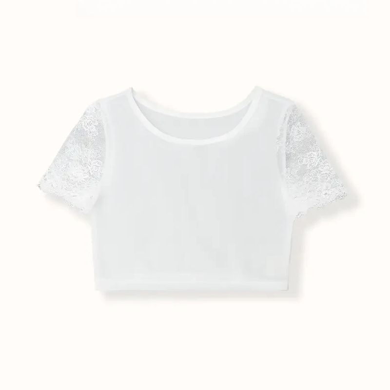 Summer White Short-Sleeved T-Shirt, Half Mesh Bottoming Shirt, Women's Suspender Skirt, Thin Sheer Transparent Tight-Fitting Lace Top Summer White Short-Sleeved T-Shirt, Half Mesh Bottoming Shirt, Women's Suspender Skirt, Thin Sheer Transparent Tight-Fitting Lace Top