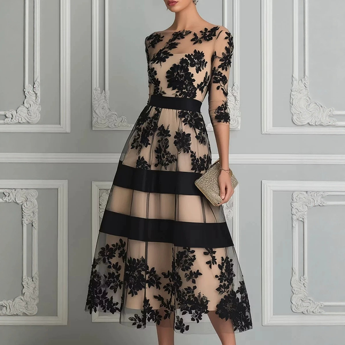 2026 European and American women's fashion mesh mid-length dress with off-shoulder design, three-quarter sleeves, flocked floral stripes, and a waist-cinching design