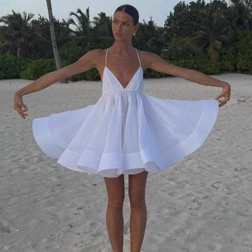 European and American 2026 Hot-Selling Cross-Border Women's Fashion Vacation Beach V-Neck Backless Sexy Solid Color Dress Short Skirt