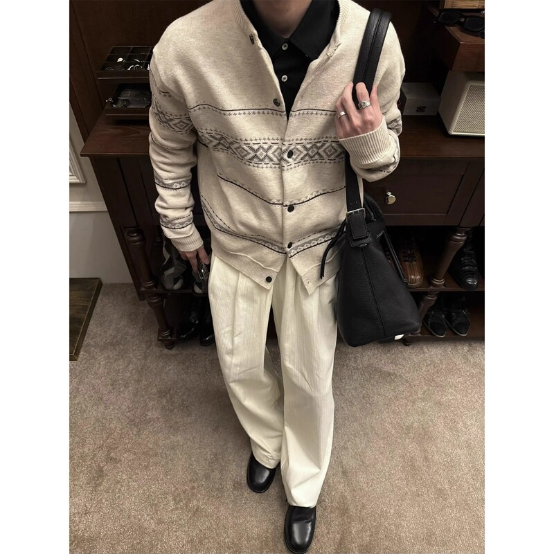 费尔岛提花开衫毛衣外套男秋季美式复古长袖针织衫通勤高智感穿搭|undefined