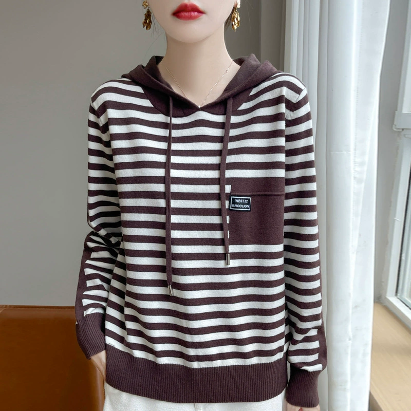 Оптовая продажа Энди Фархат с капюшоном повседневный свитер женский осенний и зимний полосатый капюшон трикотажный топ свободный большой размер моды