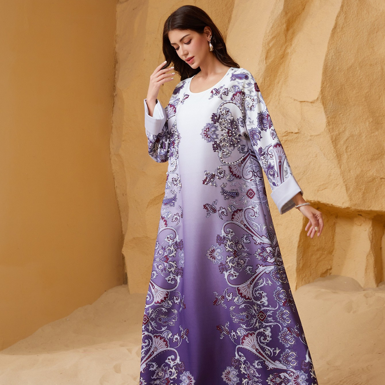 SW2514 Middle East Cross-border New Model Muslim Women's Robe With Printed Patterns, Rhinestones, And Beading, Round_ecoleips.com