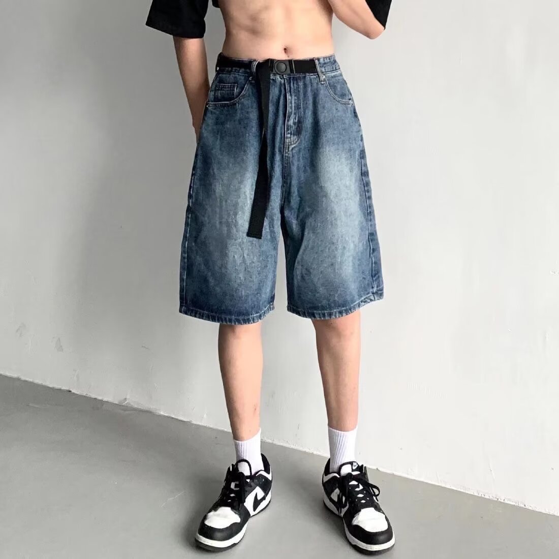 American Style Washed Denim Shorts Men's Summer New Fashion Brand Hong Kong Style Retro Loose Casual Wide Leg Pants