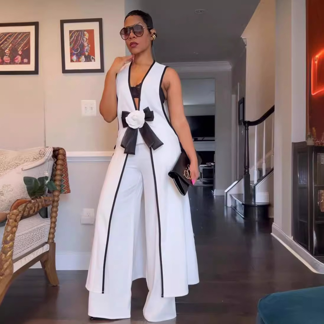 Women's Clothing Hot sale fashion ladies suit sexy camellia bow sleeveless long vest dress wide leg pants suit_voghion.com