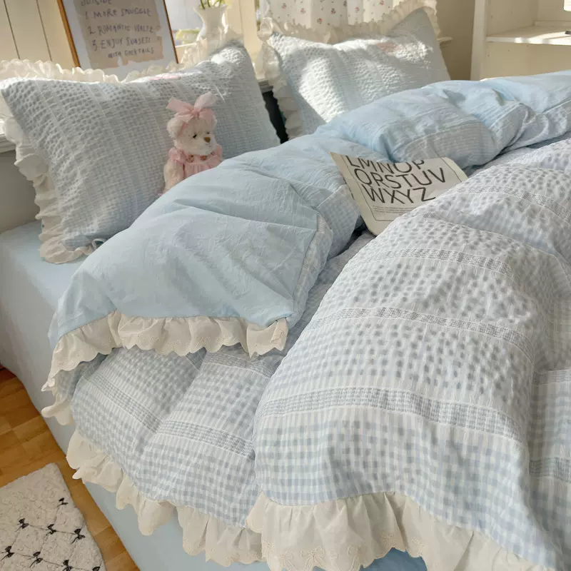 ins韩式水洗棉床上四件套2025新款公主风花边床单被罩三件套夏季4