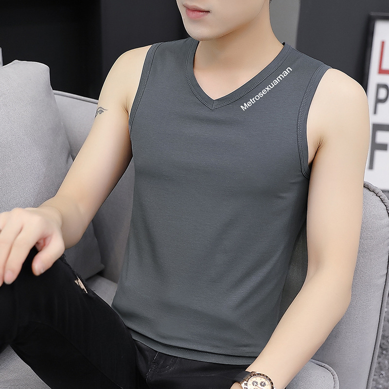 Modal V-neck men's sleeveless T-shirt vest, new summer style, breathable, sports, tight-fitting, wide shoulder, fitness trend.