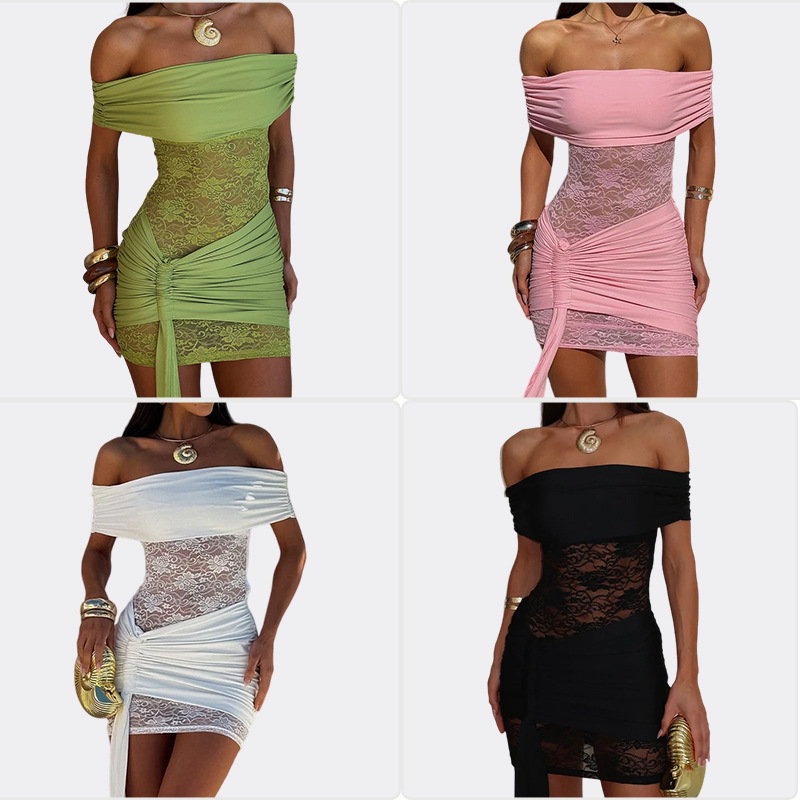 European and American Cross-Border 2025 Elastic Pleated One-Line Collar Tube Top Dress Feminine Mesh Splicing Cut Out Slim Fit European and American Cross-Border 2025 Elastic Pleated One-Line Collar Tube Top Dress Feminine Mesh Splicing Cut Out Slim Fit