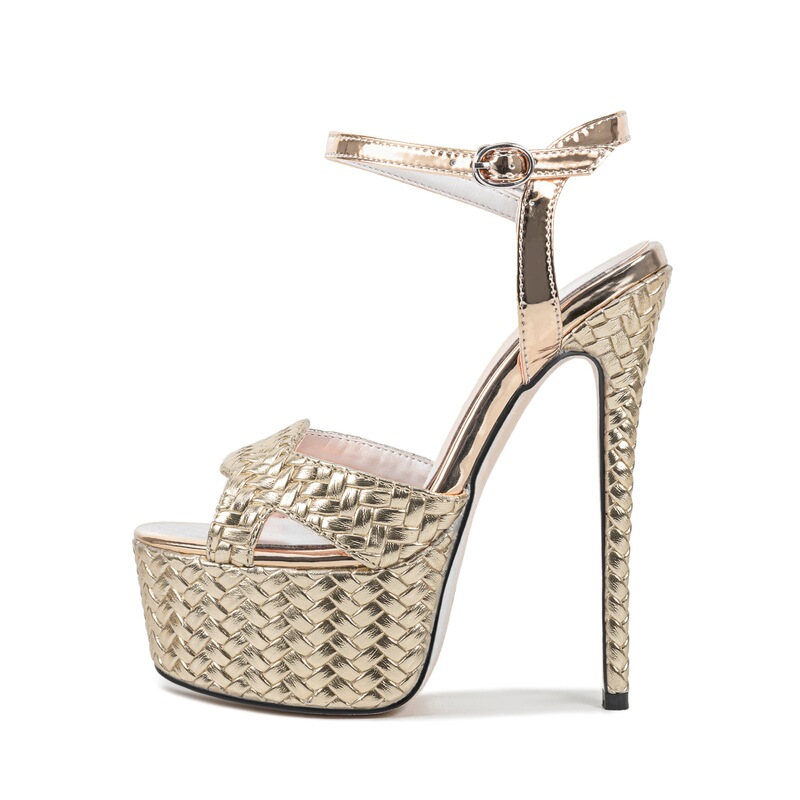 European and American Style Metal Pu Woven Thick-Soled Sandals~ Round-Toe Super High Heel Ankle Strap Sandals Summer Peep-Toe Shoes for Parties