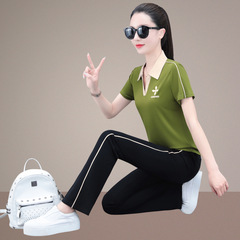 時尚休閒套裝女士夏季洋氣冰絲翻領短袖長褲運動服兩件套寬鬆顯瘦