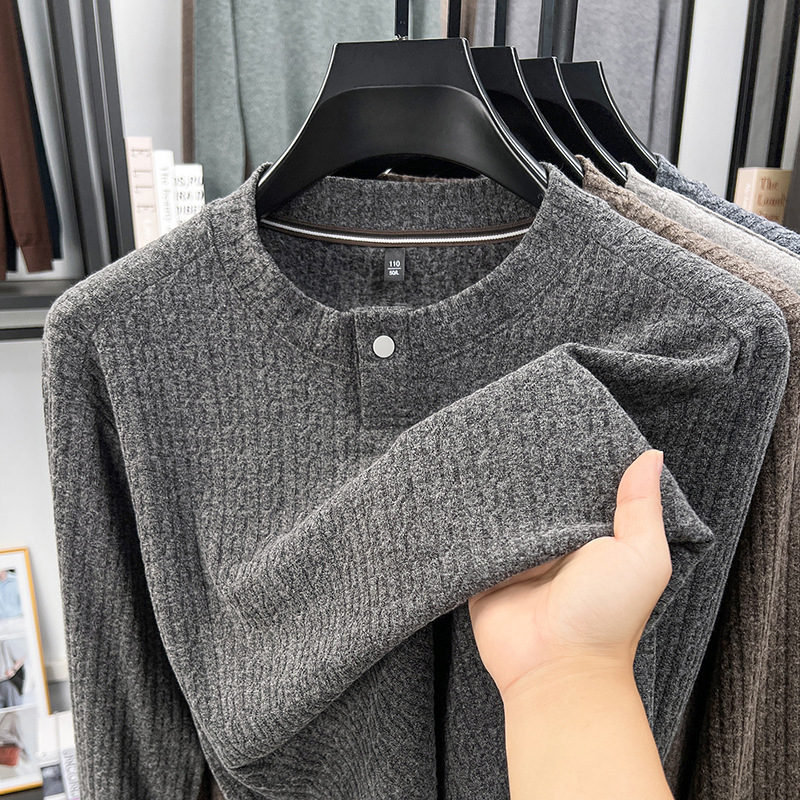 Men's sweatshirt with sheep wool and twisted stripes, 2026 autumn new model, four-button round neck men's sweatshirt, base shirt