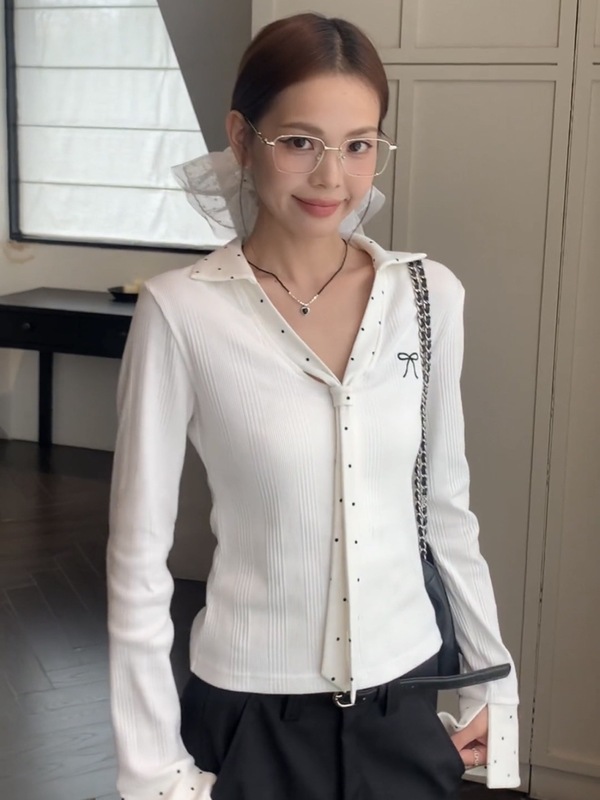 韩系白色波点拼接领带长袖t恤女秋季内搭显瘦收腰甜辣妹针织上衣|undefined