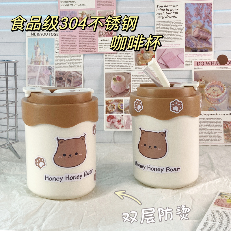 304ステンレスダブルドリンクストローカップかわいい熊コップ蓋付き学生ミルクティー牛乳朝食カップコーヒーカップ|undefined