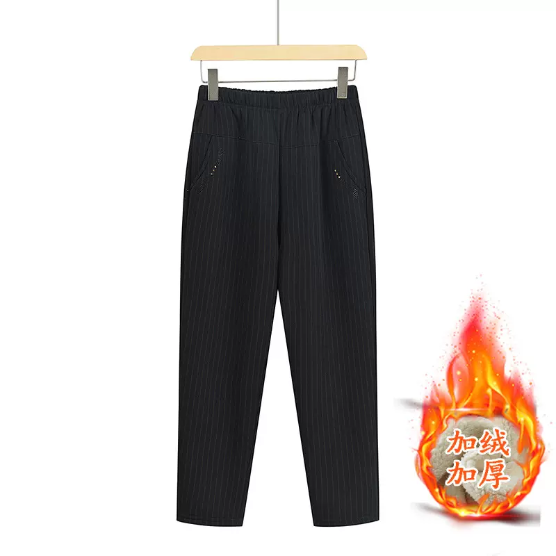 秋冬季加绒加厚松紧腰女款中老年女裤宽松直筒休闲保暖长裤妈妈装