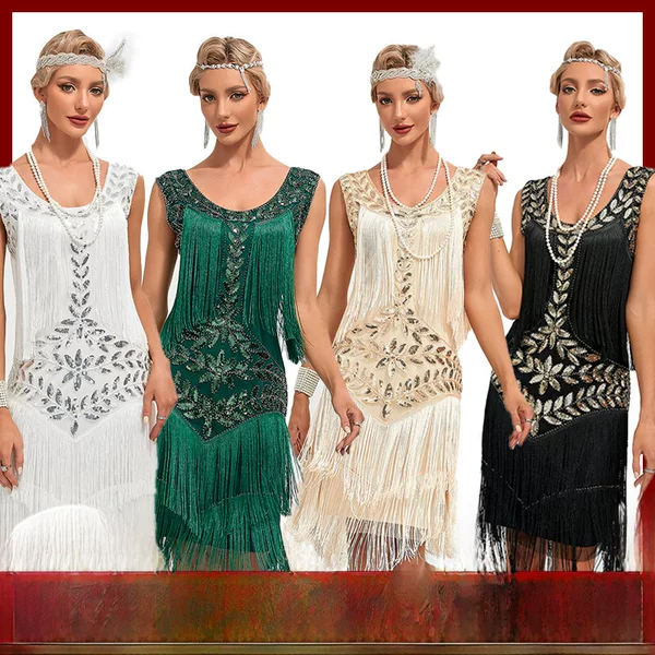 European and American 1920 vintage Gatsby ball gown dance skirt round neck sequined beaded embroidered tassel vest plus size dress