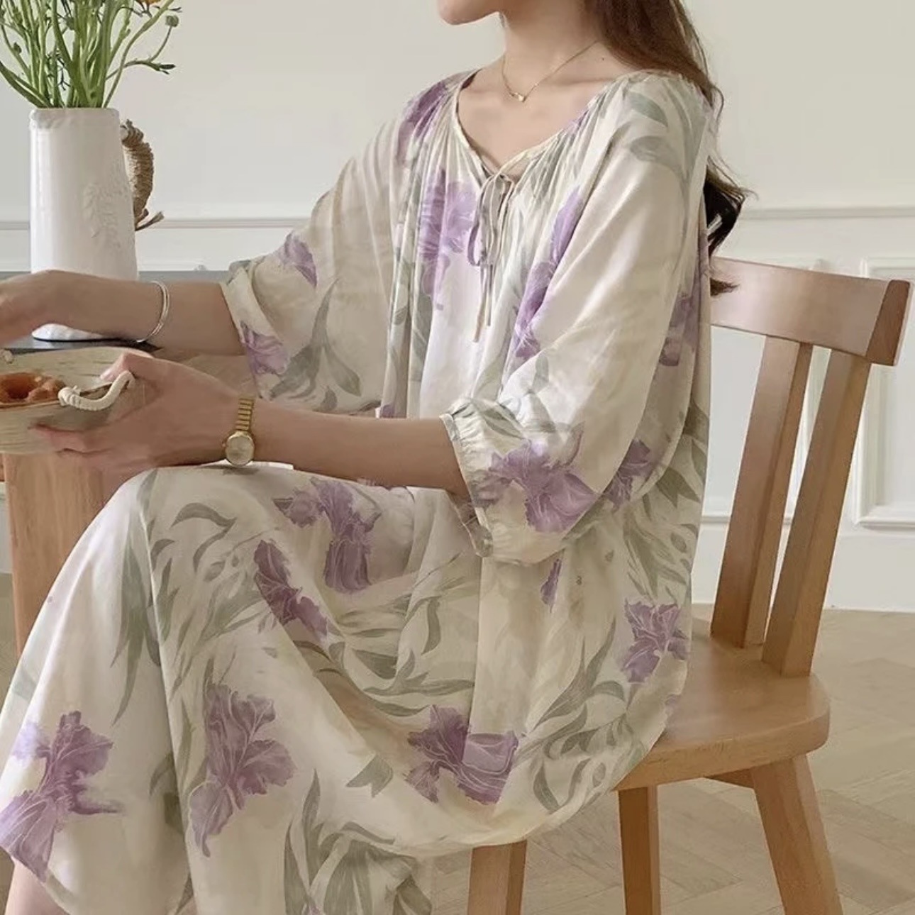 Camisón mujer verano falda larga de playa delgada pijama de seda de algodón primavera y otoño damas estilo de vacaciones ropa de hogar de seda de algodón de gran tamaño