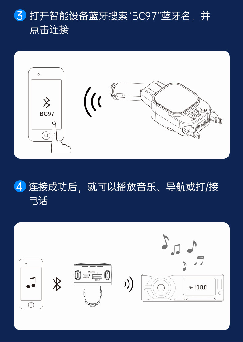 BC97 car mp3 Bluetooth player fm transmitter with digital display and retractable cable super fast charging car charger