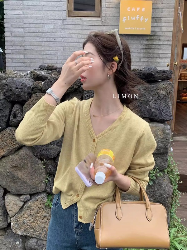 韓国風Vネックニットカーディガンジャケット女性用春秋薄手高級セーターインナーショートトップ|undefined