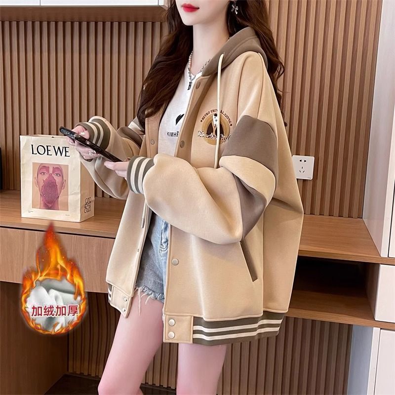 2025 New Autumn and Winter Velvet Thickeneded Embroidered Color Matching Design Baseball Uniform Hooded Sweatshirt Jacket