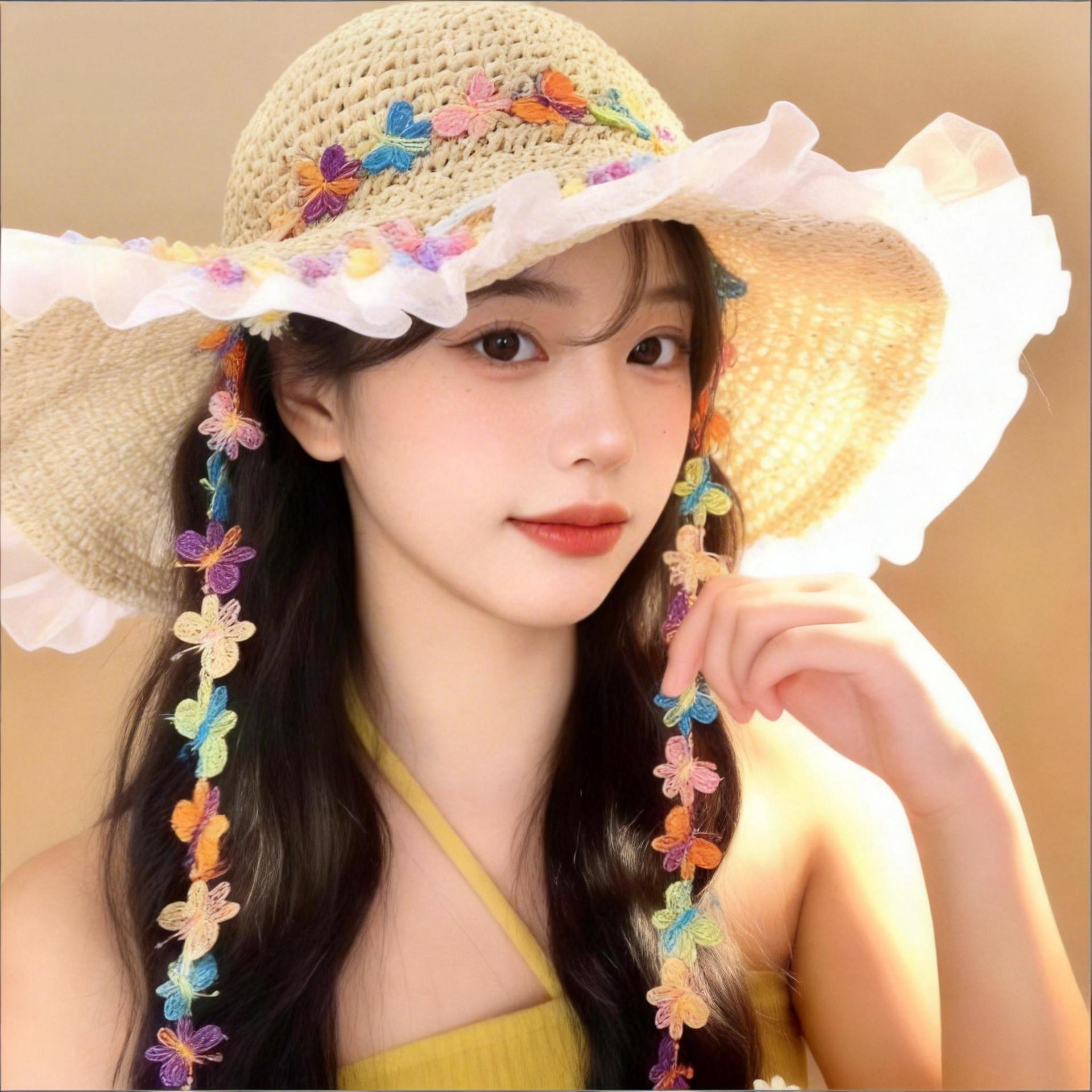 Colorful butterfly lace straw hat for women summer large brim sun…