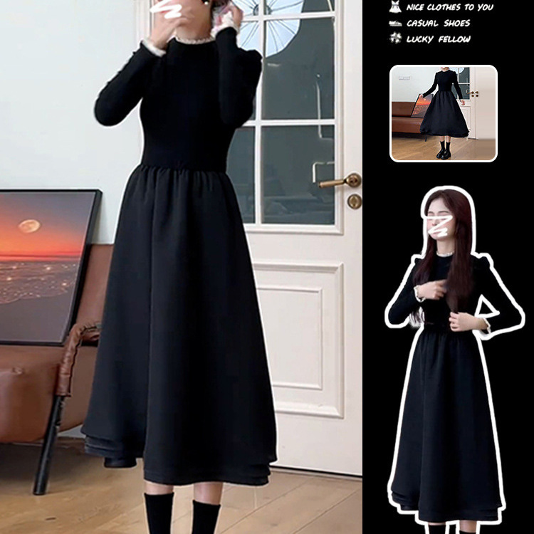 French Petite Black Dress for Women 2025 New Autumn and Winter High-End Hepburn Style Inner Long Skirt Early Autumn