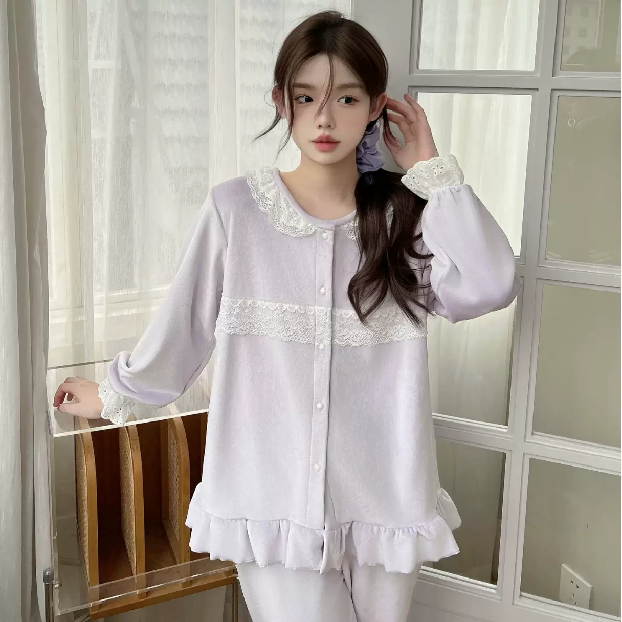 【海岛绒】秋冬季新款蕾丝花边甜美可爱风女睡衣套长袖长裤家居服