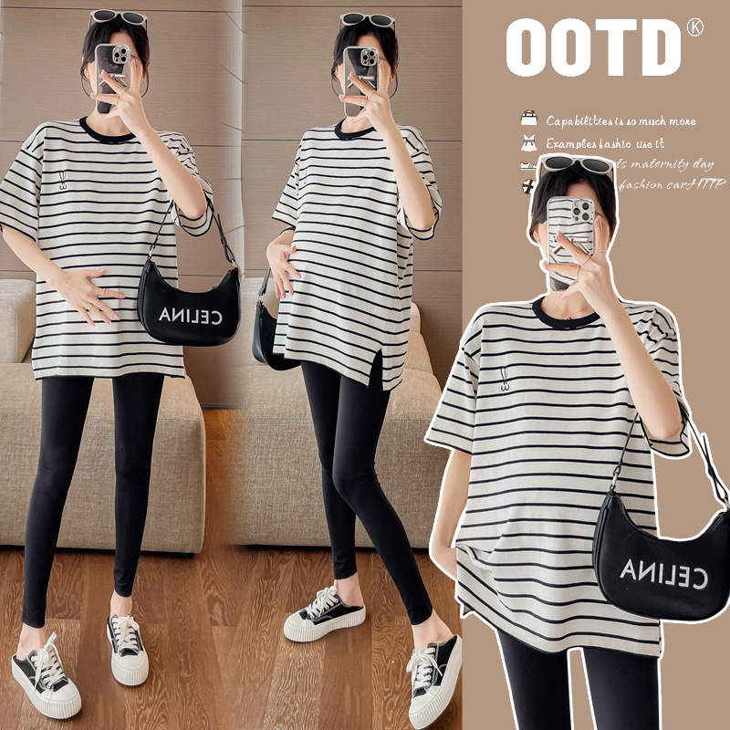 Maternity Wear Summer Trendy Mom Fashion New Striped Short-Sleeve High-End Versatile Loose Slimming Simple Top T-Shirt