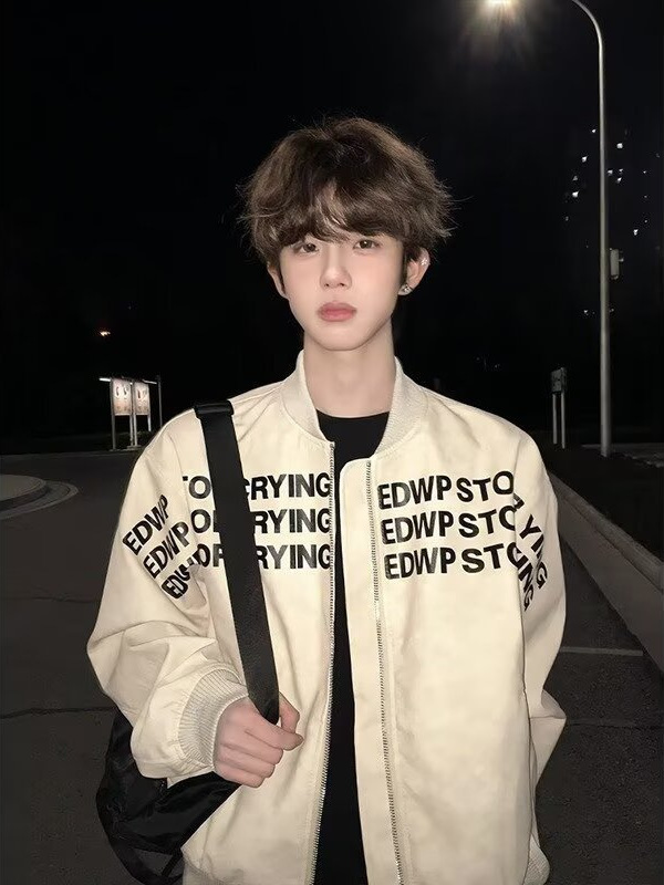美式字母印花短款棒球服男春秋廓形垫肩hiphop高级感痞帅飞行外套|undefined