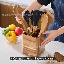 跨境木质厨房餐具收纳盒实木刀叉分格收纳桶木制旋转多用途木盒