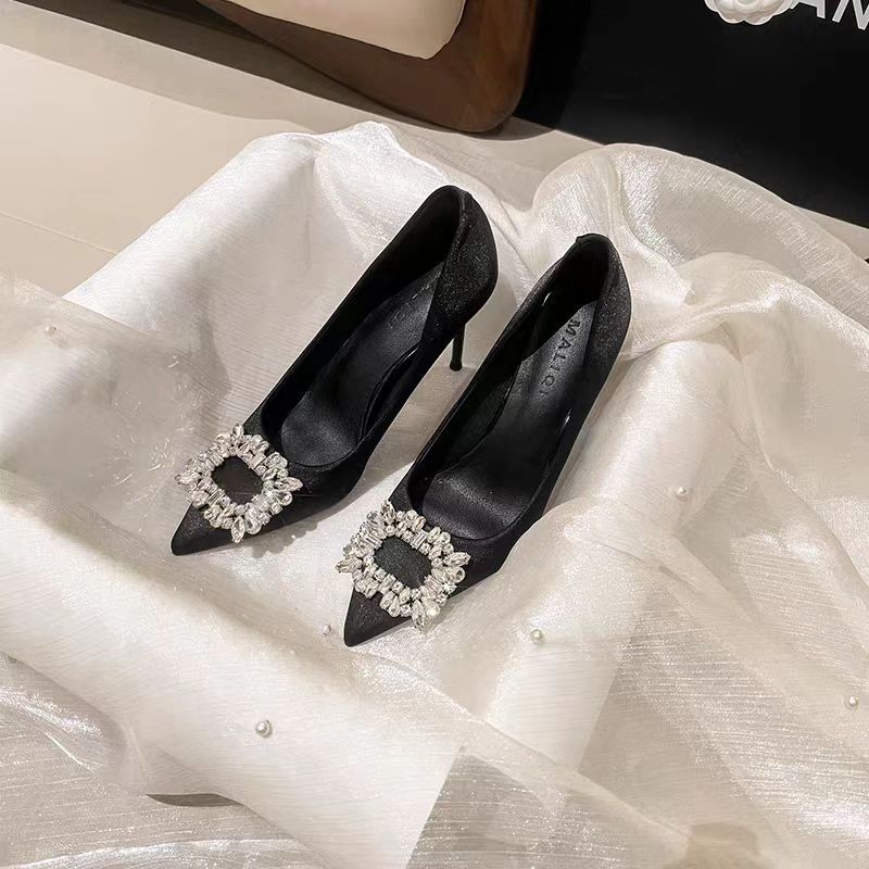 Black Velvet High Heels Trendy 2025 Summer New European and American Style Elegant Pointed Toe Shallow Mouth Rhinestone Stiletto Shoes